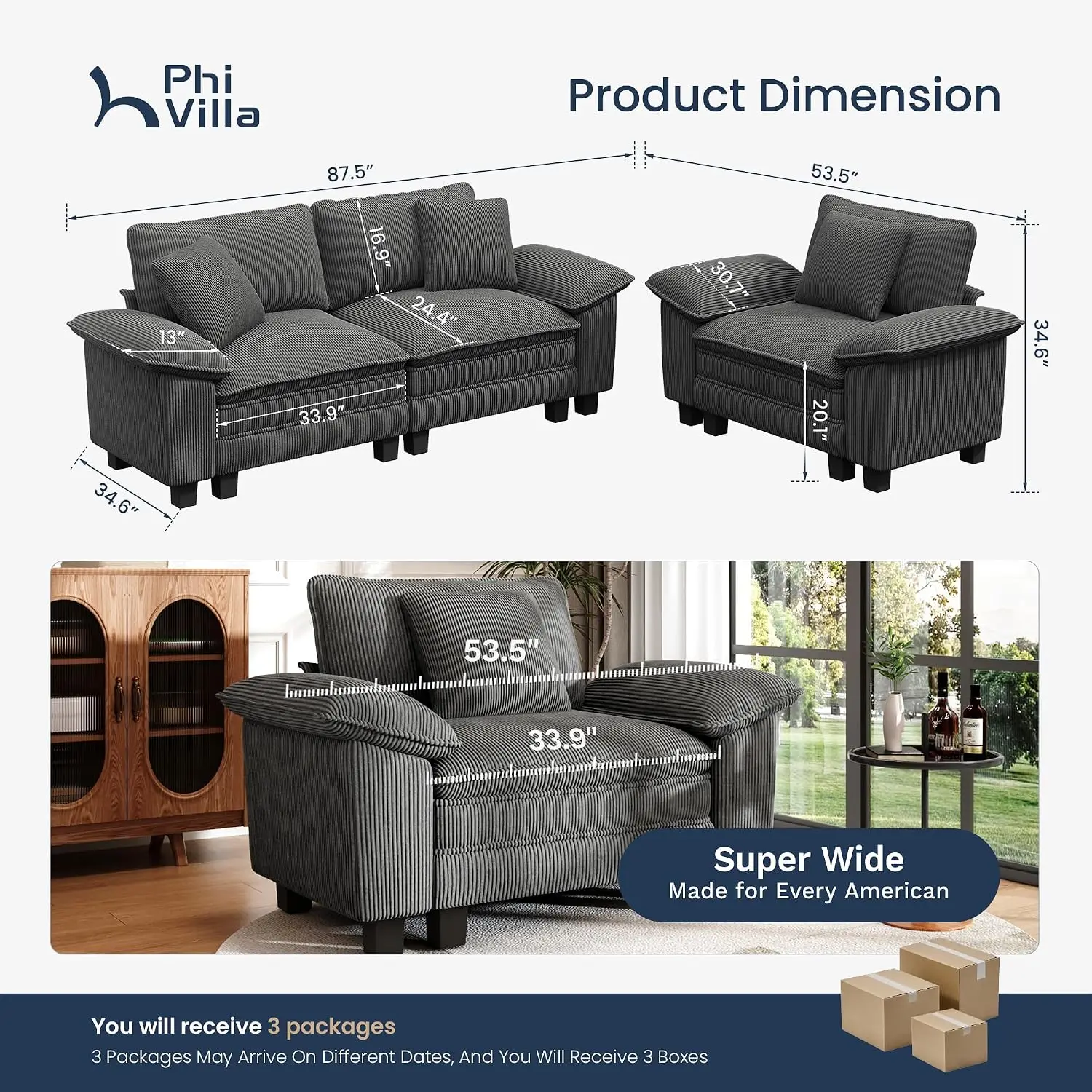 2-Piece Modular Loveseat & Chair Set, Sectional Sofa with Customizable Configuration for Living Room, Customized