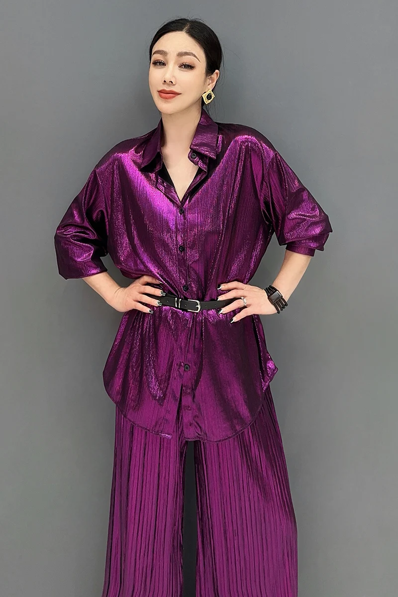 Vefadisa 2024 Summer New Purple Gold Women Sets Glossy Pleated Long Shirt With Belt Wide Leg Pants Two Piece Sets Fashion HLX351