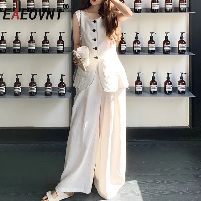 

EAEOVNI женский летний комплект без рукавов из 2 предметов, модный жилет на пуговицах с круглым вырезом, куртка + широкие брюки, новинка 2025, одежда 1A1045