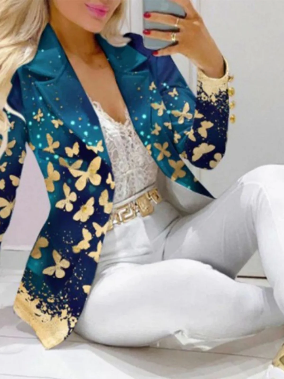 

Long Sve Faion Print Suit Pants Set Casual Sportswear Two-Piece Set Polyester Material Flip-Collar Design for Young Women