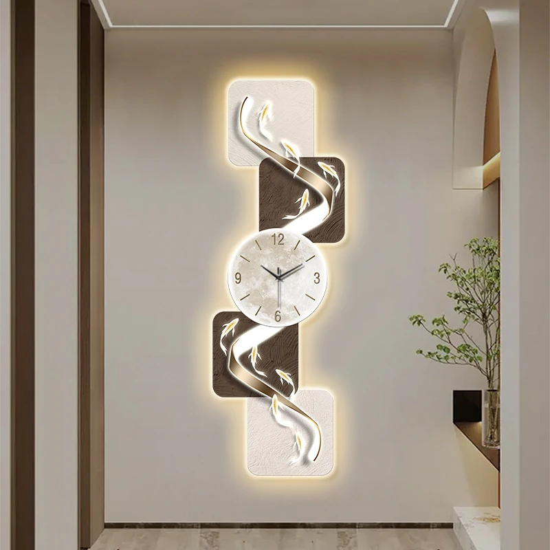 

Modern Home Wall Decor Nine Fish Picture Wall Clock Living Room Corridor Mute Clock Painting Advanced Art LED Luminescent Mural