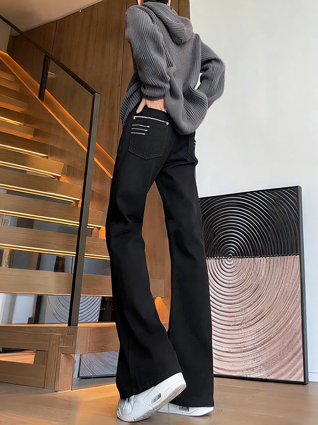 

Four-Line Embroidery Slim Fit Straight Leg Bell Bot Jeans Men's Sle Bla Denim High Street Vibe Breathable Wear-Resistant