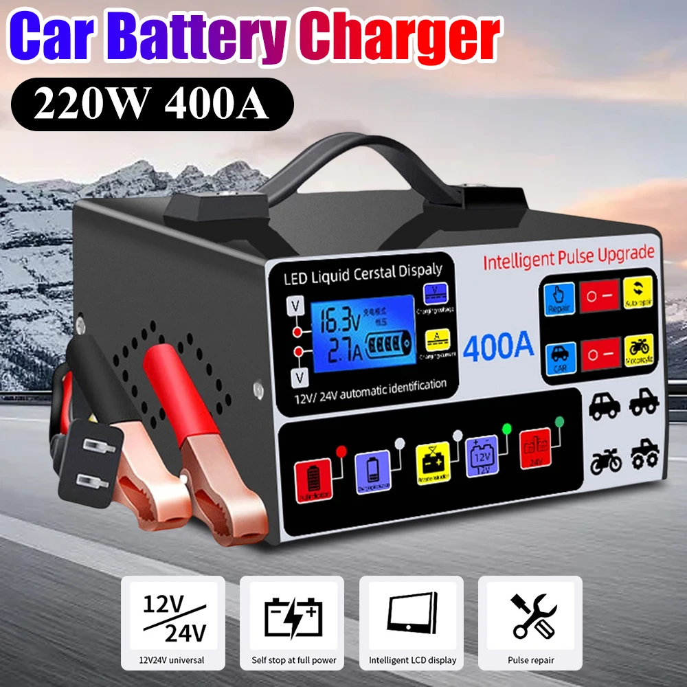 

400A Heavy Duty Smart Battery Charger 12V/24V Intelligent Pulse Repair Charger LCD Display Self-Stop Battery Charger Five-Stage
