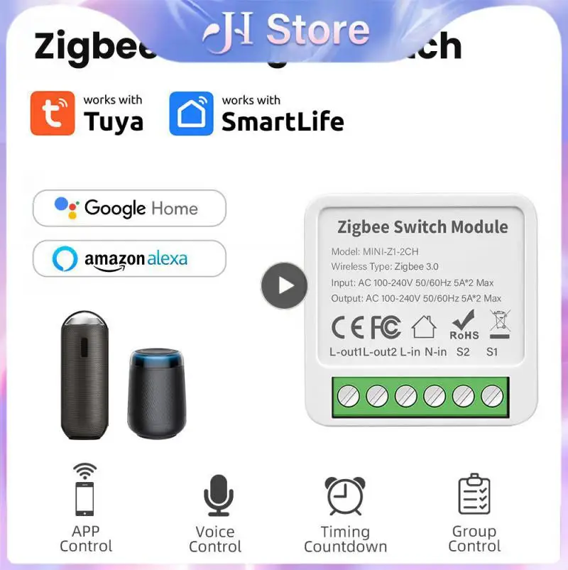 

Модуль интеллектуального переключателя Tuya ZigBee с 2 группами подключается к Alexa и Google Home для управления переключателями через голосовые команды