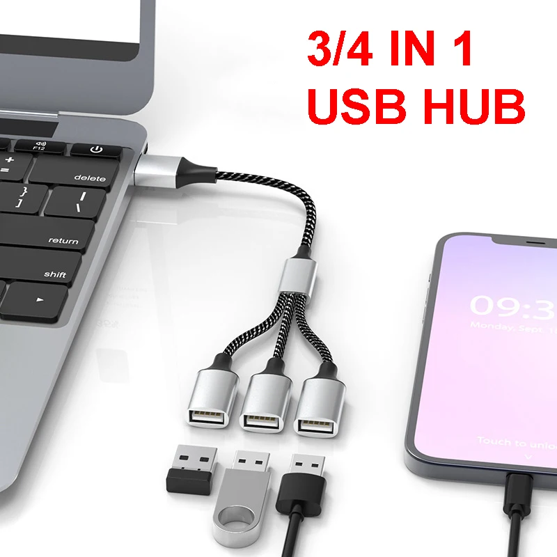 كابل محول USB الفاصل 1 في 3 خارج 4 منافذ OTG محول نوع C تمديد بيانات الطاقة لأجهزة الكمبيوتر المحمول لوحة المفاتيح أذرع التحكم في ألعاب الفيديو الماوس
