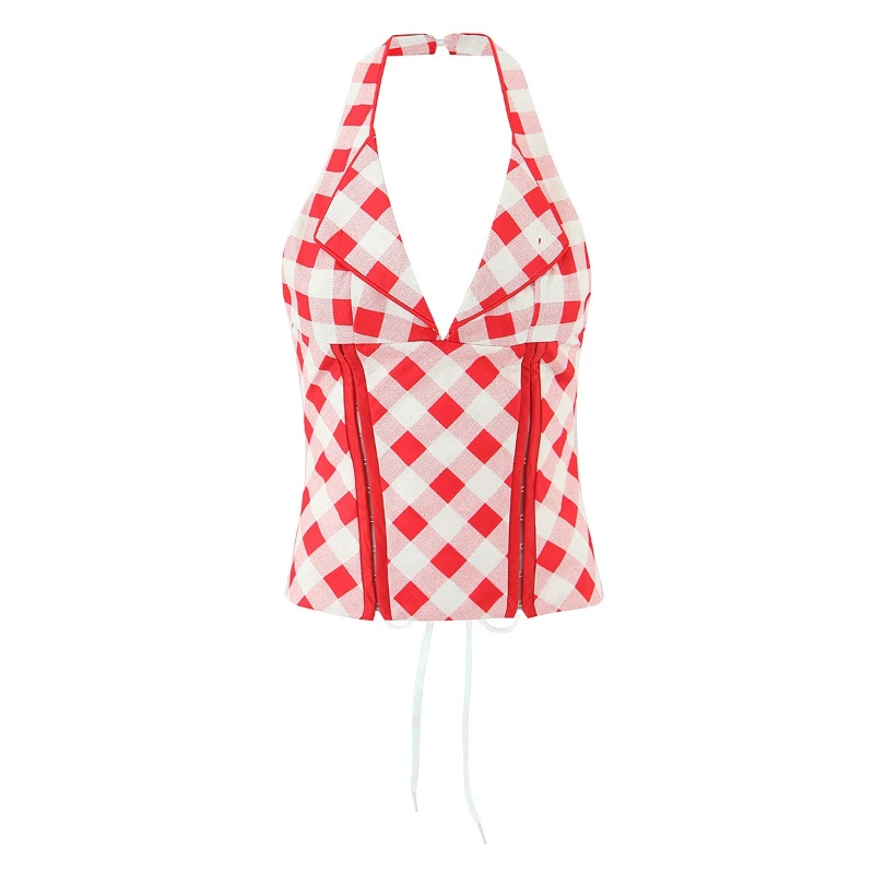 

2026 Summer New Hot Selling Hanging Neck Western Style Personalized Color Blocked Checkered Tank Top for Women