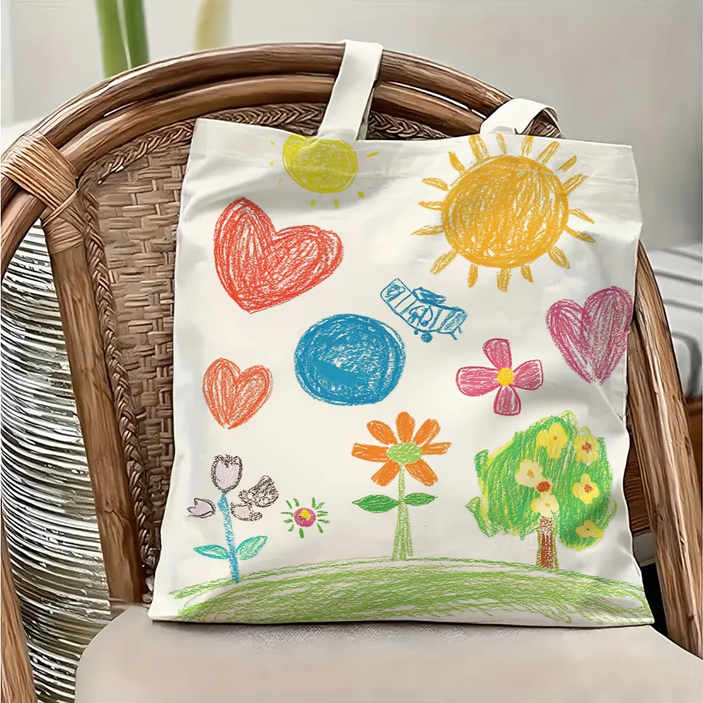 1pc Crayon-Style Kids Drawing Printed Tote Bag, reusable shopping bag, suitable for daily use, shopping, school and travel