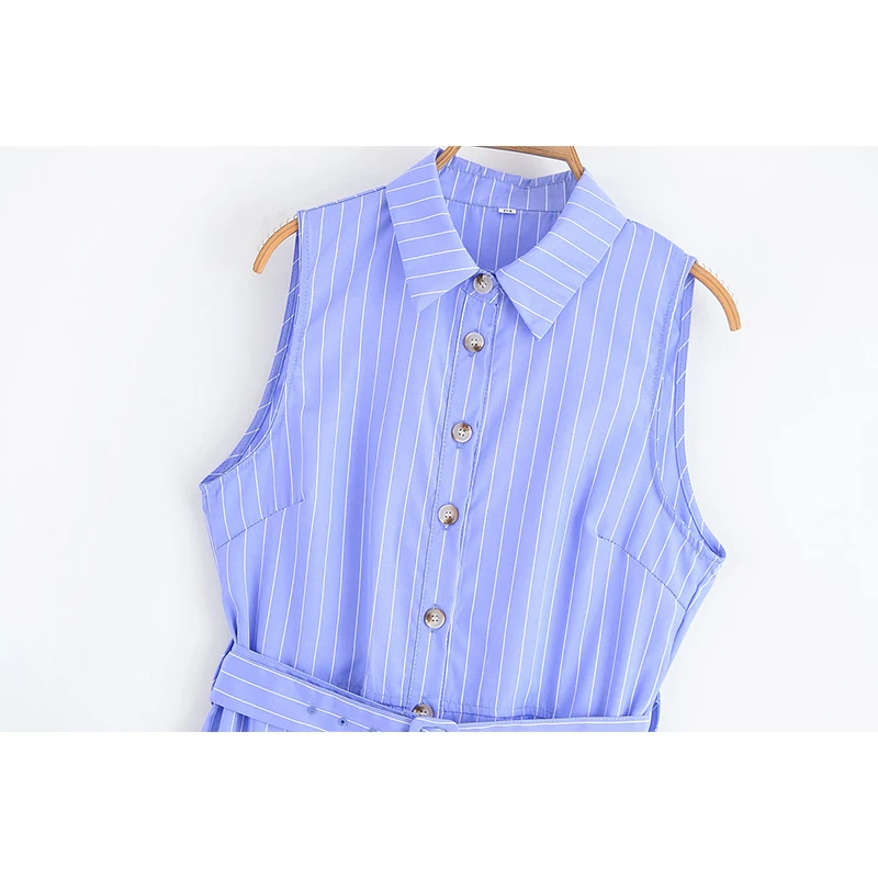 فساتين YENKYE قميص طويل مخططة باللون الأزرق للنساء بزر أمامي مع حزام على شكل حرف a بدون أكمام فساتين ماكسي أنيقة