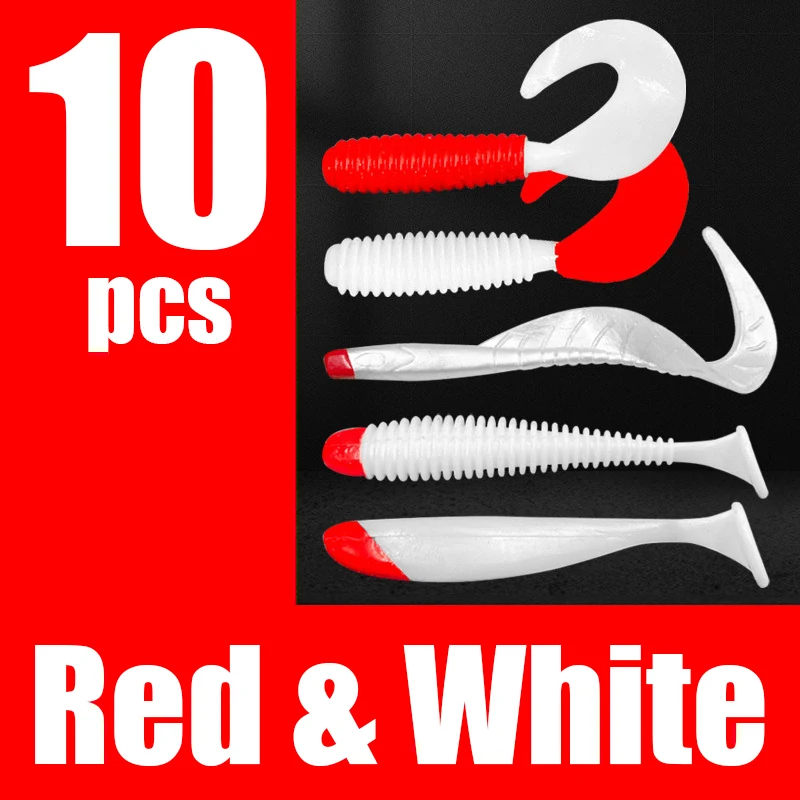 Lunker fishing soft lure baits red white small freshwater 10pcs