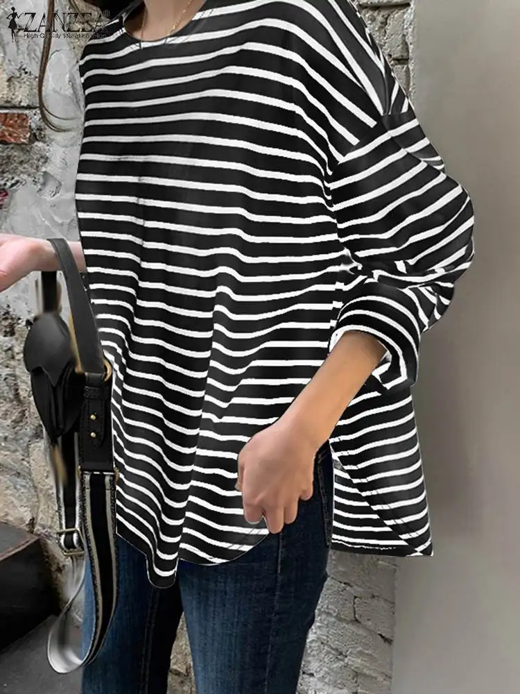 ZANZEA 2023 Autumn Long Sleeve Casual Loose Tops Female O Neck Party Blusas Work Shirt Mujer Korean Fashion Women Striped Blouse