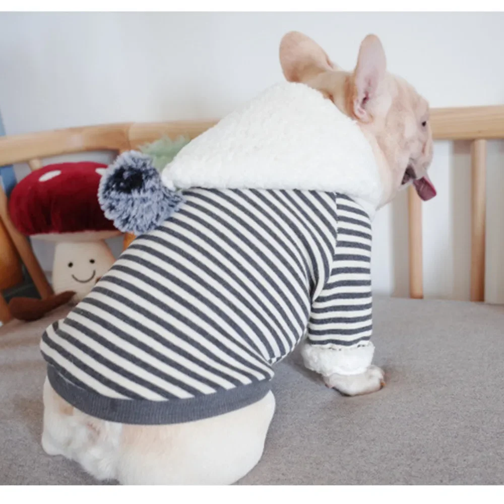 French Bulldog Cotton Hoodies Winter Warm Dog Clothes for Chihuahua Striped Coat for Small Dogs Pet Puppy Hooded Jacket