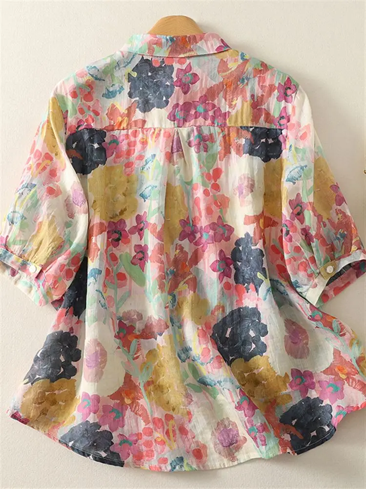 Retro Print Cotton Linen ort Sve irt Women's Loose Fit Summer Slimming Large Size Casual Busin Office Wear