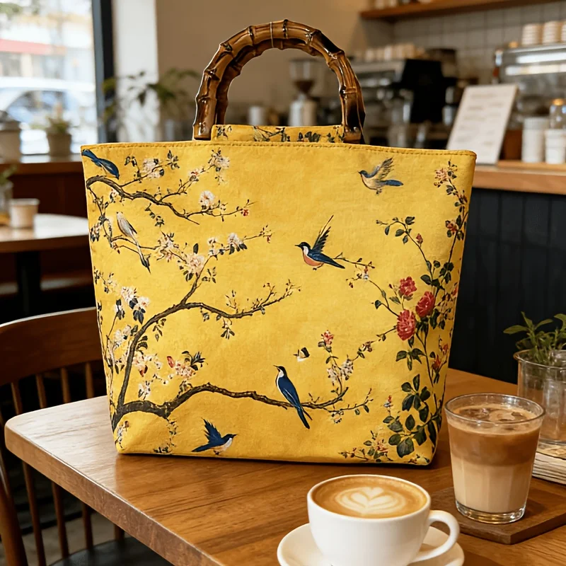 New Chinese-style Bright Yellow Floral and Bird Magpie Women's Large Capacity Tote Bag, Imitation Bamboo Handle Handbag