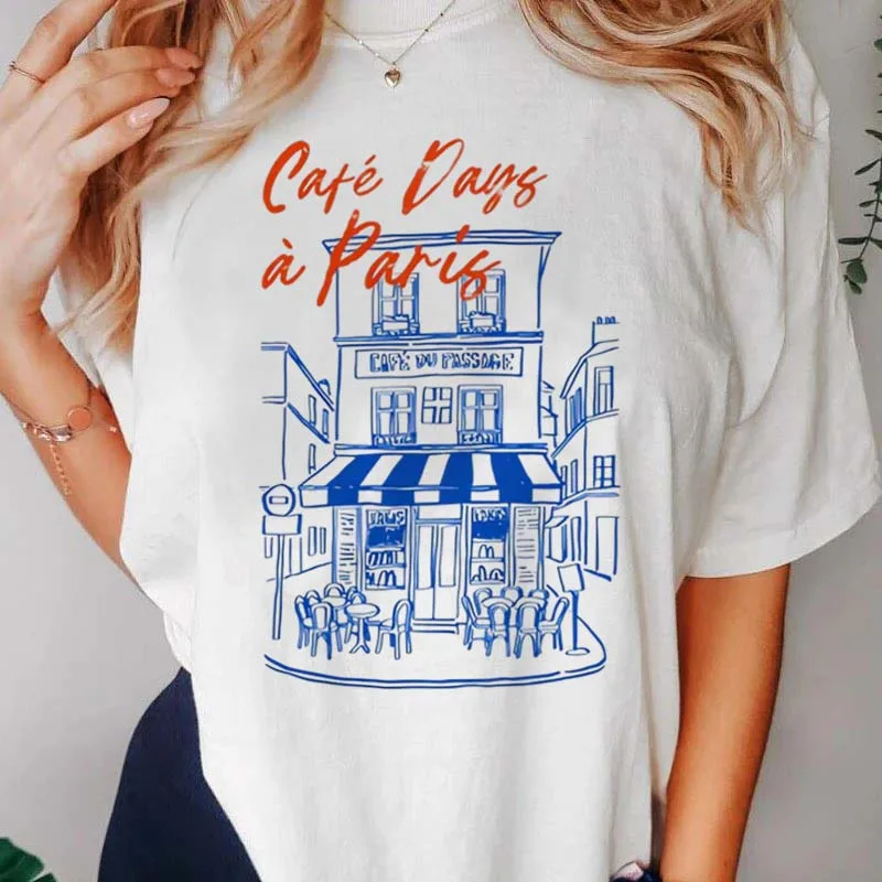 

Coffee Shop Pattern T-Shirt Women's Short Sleeved Cartoon Fashion Top Basic Clothing Casual Round Neck Women's White T-Shirt