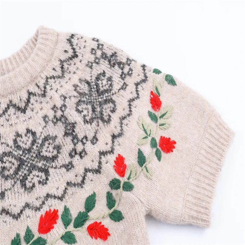 سترة متماسكة مطرزة بالزهور عتيقة، بلوفر نسائي بأكمام قصيرة بنمط جزيرة عادلة، سترة كاجوال بنمط بوهو لخريف/واي