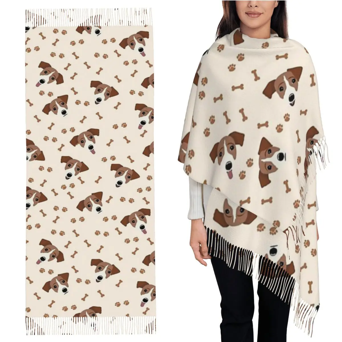 

Джек-рассел-терьер, шарф для собак с костями, шарфы с кисточками для женщин, мягкие теплые шали и накидки, длинная осенне-зимняя шаль, накидка