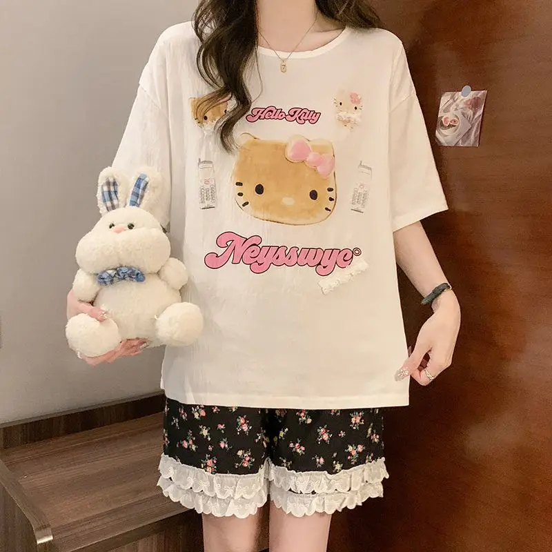 

Sanrio Hello Kitty Nightwear Pure Cotton Printed Short Sleeved Nightwear Summer Sweet Floral Lace Short Shorts Home Clothing Set