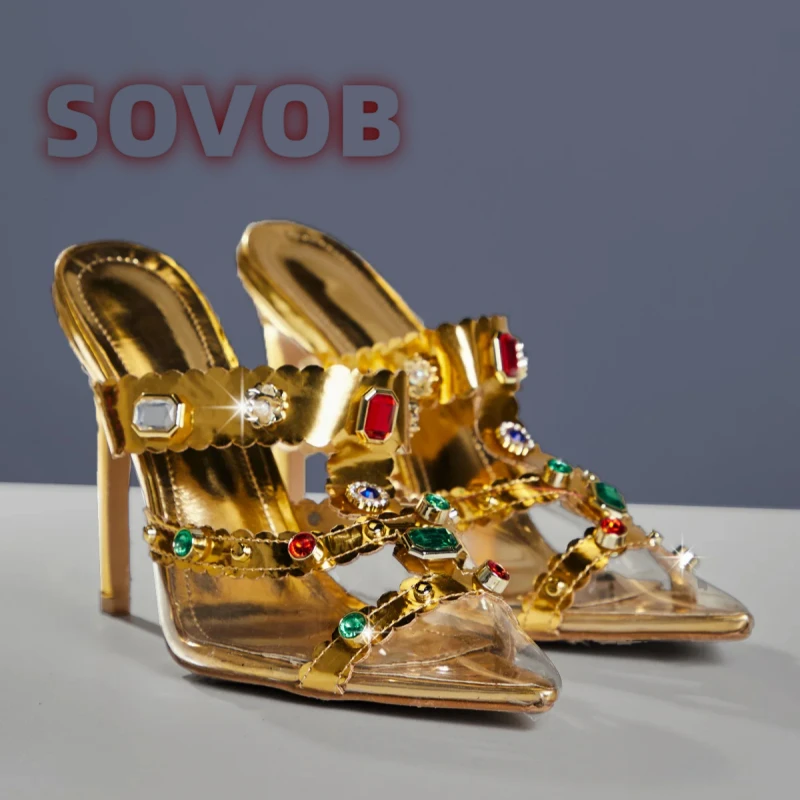 

Женские прозрачные тапочки из ПВХ, босоножки на высоком каблуке с острым носком и стразами, украшенные драгоценными камнями, туфли-лодочки на каблуке без шнуровки для выпускного вечера