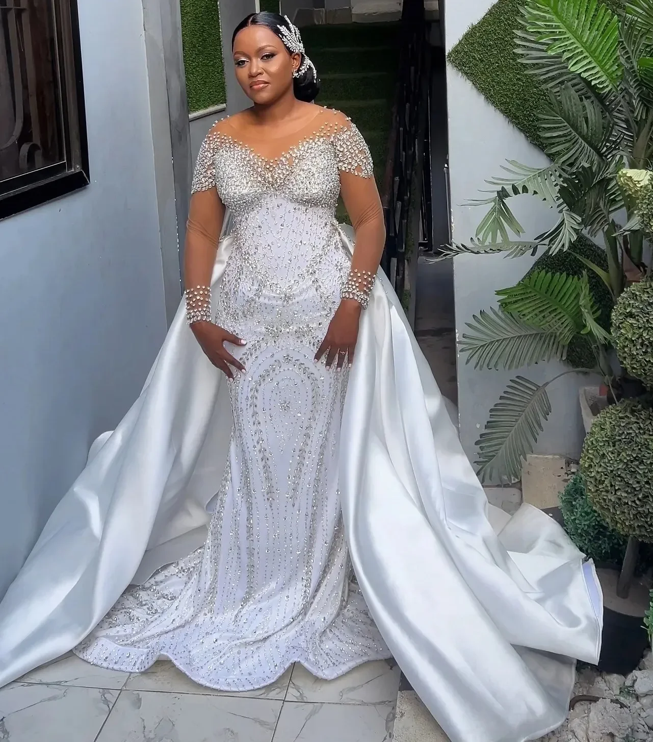 

2026 Sparkly Crystals Beads Wedding Dress Removable Skirt Mermaid Bridal Gown Sheer Neck Sleeves Bride Dresses Vestidos De Noiva