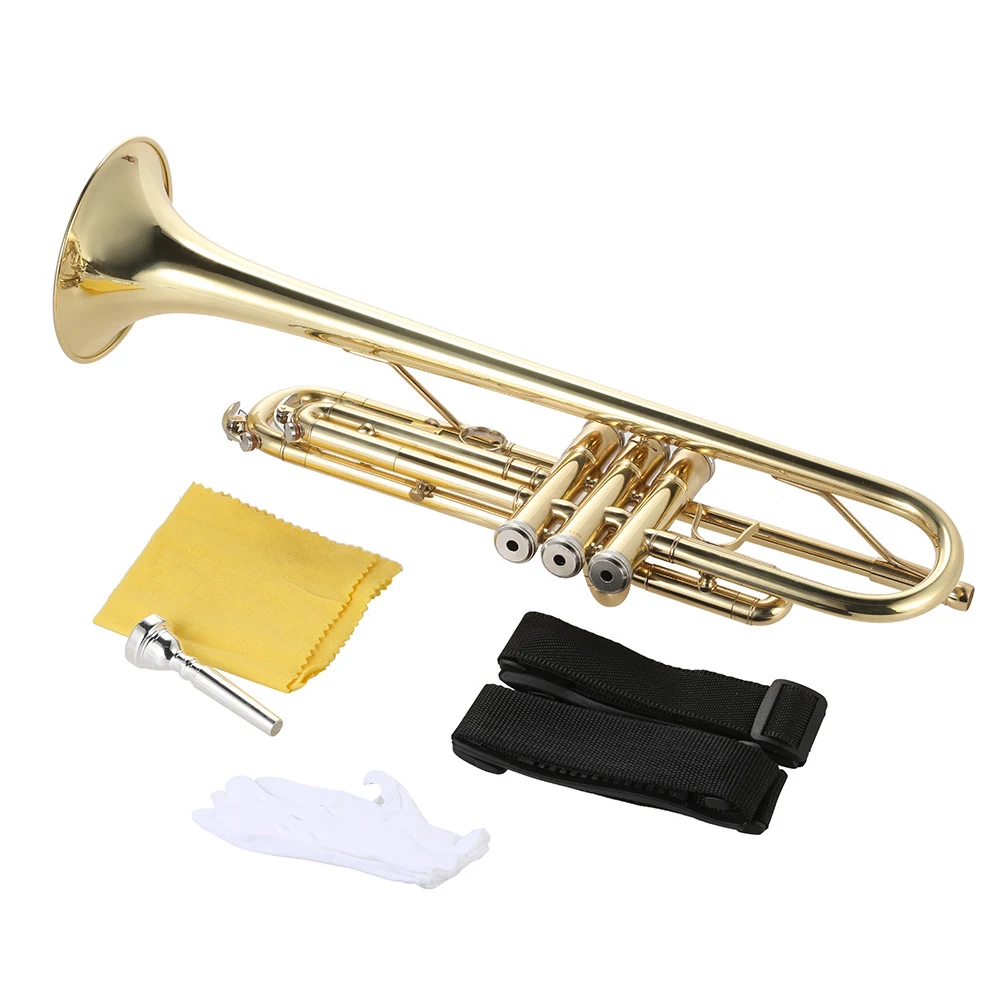 Professional Ammoon Trumpet Bb B Flat Brass Gold-painted Exquisite Durable Musical Instrument with Mouthpiece Gloves Strap Case