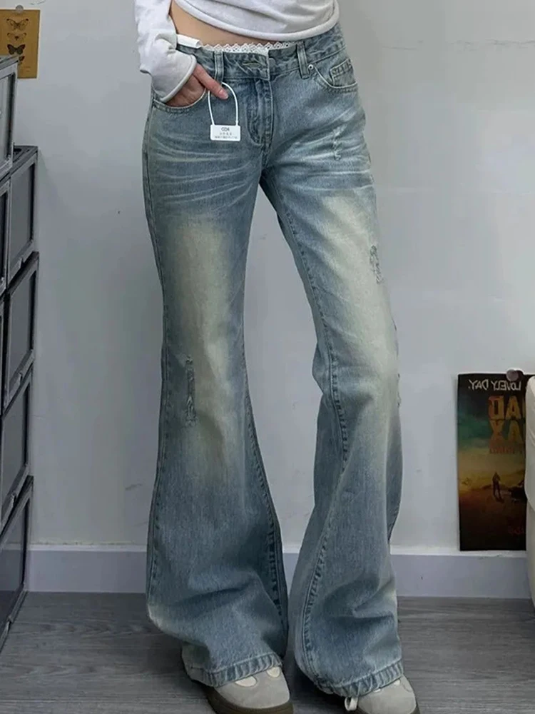 

Осенние новые кружевные женские джинсы в американском стиле ретро, облегающие брюки-клеш, модные универсальные джинсовые брюки High Street