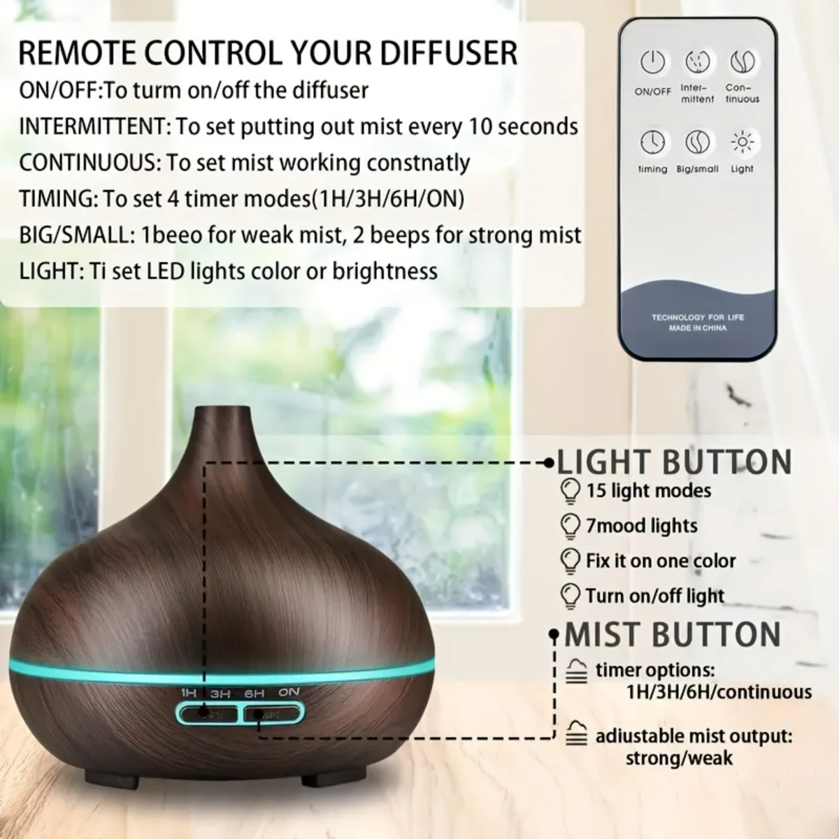 550 ml Diffusor für ätherische Öle mit Fernbedienung, Ultraschall-Luftbefeuchter, 7-farbiges LED-Licht und 6 Öle