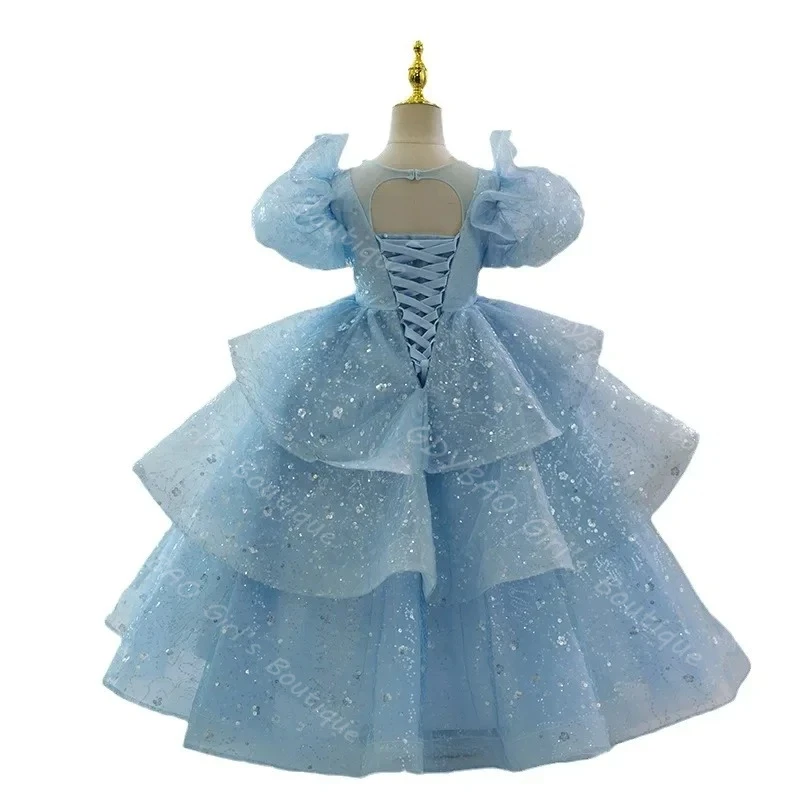 Glitter bloem meisjes prinses jurk bladerdeeg mouw pailletten gelaagde tule parel hals formele bruiloft optocht jurk op maat