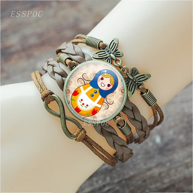 Brown Color Russian Matryoshka Babushka Nesting Dolls Picture Glass Cabochon Leather Charm Bracelet Bangle for Girls