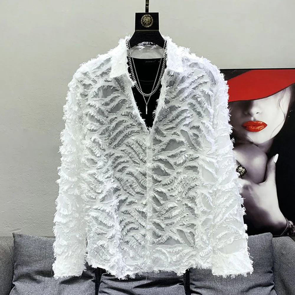 Mens Shirt Y2k Hollow Feather Tassel Shirt Streetwear Niche Personality Breathable Nightclub Trend Tops Men'S Clothing 2024