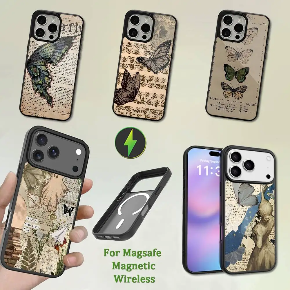 

Retro Art Butterfly INS Phone Case For iPhone 13,12,11,16,15,17,14,Pro,Max,Plus,Mini,Magsafe,Magnetic Wireless Charging