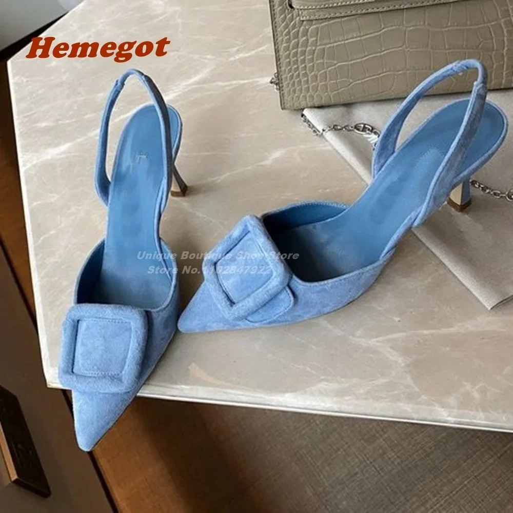 

Blue Buckle Pointy Toe Pumps Back Strap Slingback Kitten Heels Women's Pumps Slip On Suede Solid Party Wedding Shoes Plus Size
