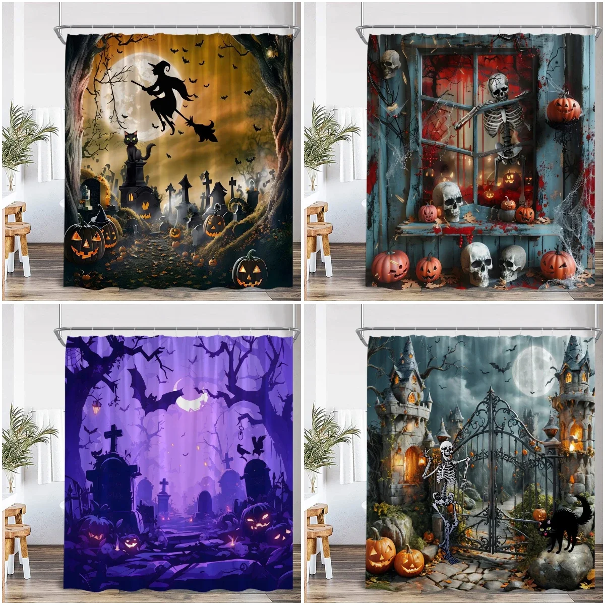 Haunted House Halloween Shower Curtain Full Moon Night Graveyard Pumpkin Lantern Gothic Castle Bathroom Decor Retro Bath Curtain