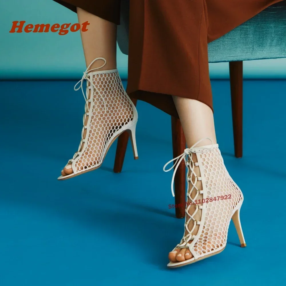 Peep Toe Thin Heels Cross Tied Air Mesh Black Summer Sandals Lace Up Hollow Out Sandals for Women Newest Runway Shoes Party Sexy