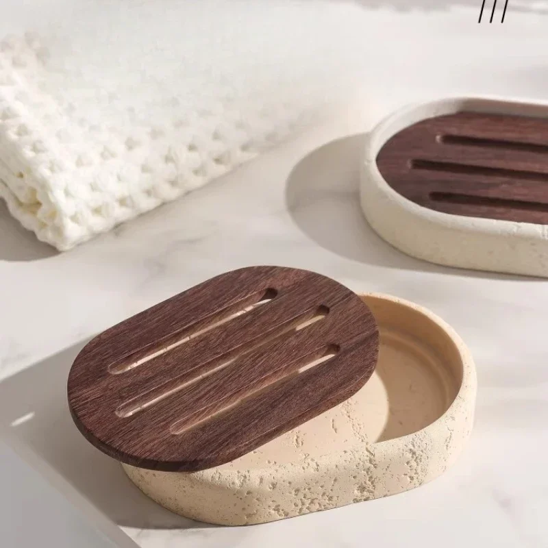 Natural Travertine Soap Dish with Draining Design, Stone Bathroom Sink Countertop Organizer, Home Decor Gift for Kitchen Shower
