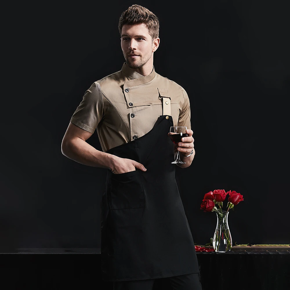 Khaki Uniforme Chef Catering Workwear Chefe Chef Camisas Cozinhar Casaco Chef Jacket Verão Restaurante Barbearia Camisa Garçom Avental