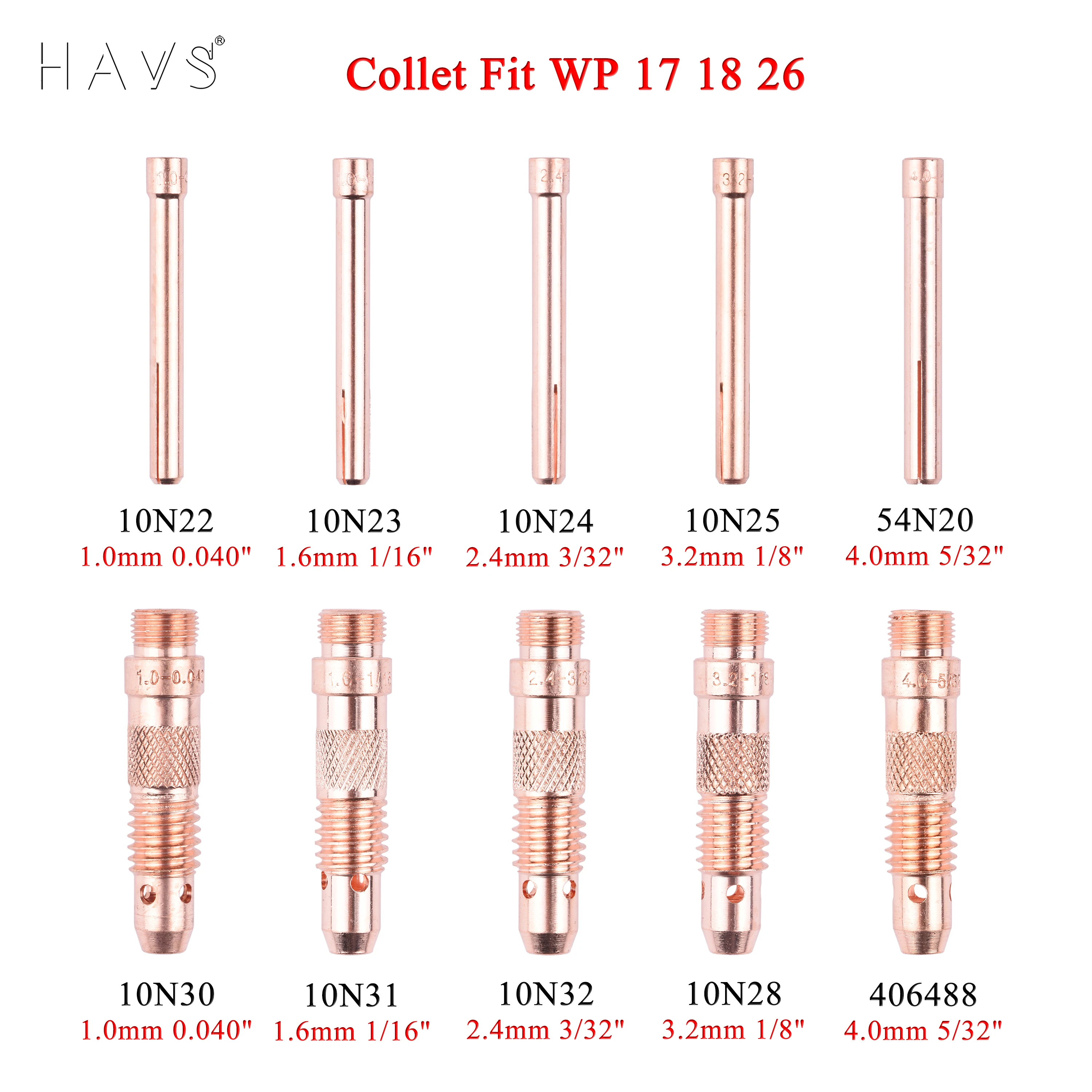 

1.0/1.6/2.4/3.2/4.0mm TIG Collet Collet Body 10N22 10N23 10N24 10N25 54N20 10N30 10N31 10N32 10N28 406488 For WP17 18 26 Torch