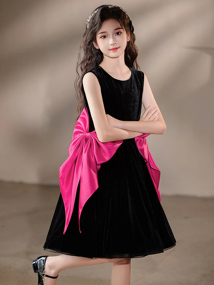 Robe de princesse noire pour filles, longueur genou, anniversaire, performance