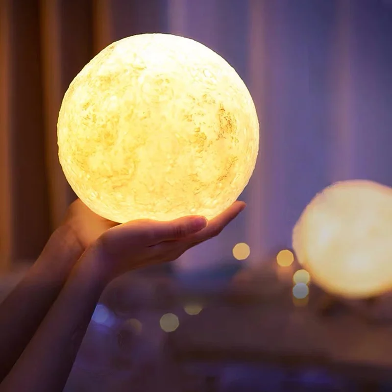 Luz de noche LED con impresión 3D, lámpara de luna con soporte, alimentada por batería de 8CM lámpara de mesa, decoración de dormitorio, luz de luna estrellada para niños