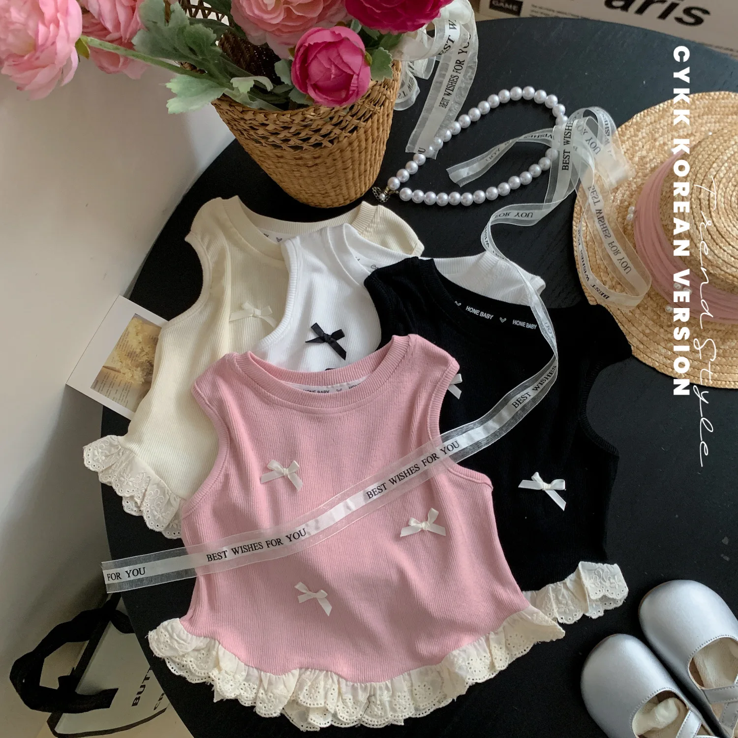 2024 Summer Girls Vest T-Shirts Printcess Lace Bow Sleeveless Baby Tees Top Toddler Girls Clothes Baby Clothes