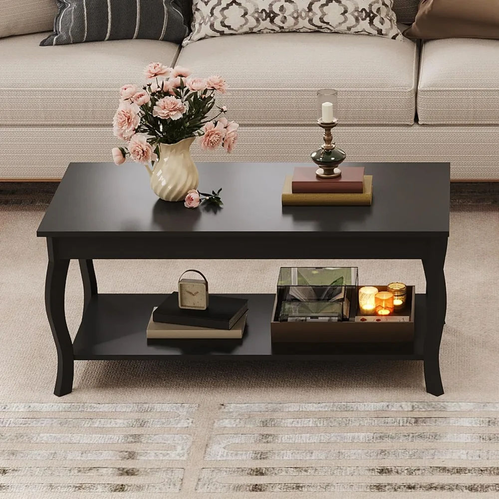 Mesa de centro moderna com perna curvada e armazenamento, peça central da sala de estar de 39 polegadas em preto