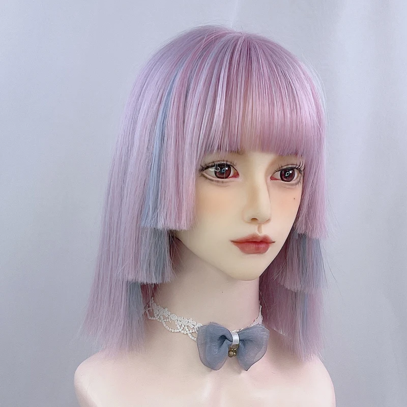 GAKA Women Wig Purple Trendy Medium Straight Cosplay Synthetic Highlighting Princess Cut Lolita Clavicle Hair for Girl Party