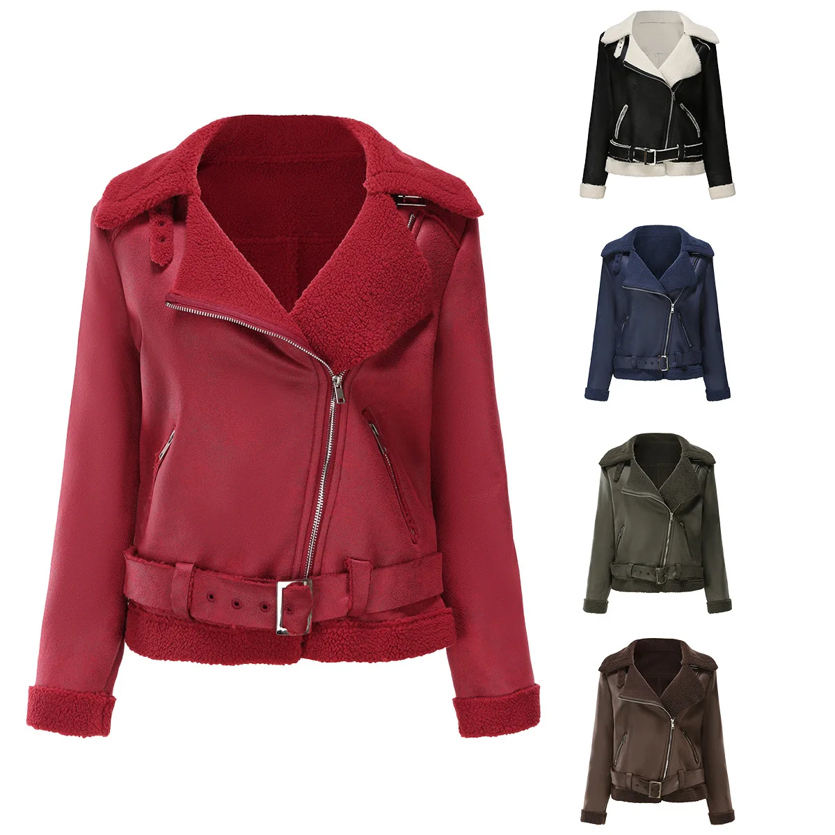 

Warmth Leather Jaet Women's Inteated Fur And Leather Coat Casual Sle Long Sve Zipper Closure Flip Collar Outerwear