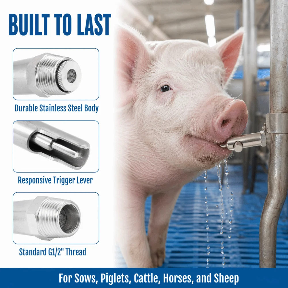2pcs Even Water Volume Pig Water Nipple Stainless Steel Leakproof Stainless Steel Drinker G1/2 External Thread Anti Corrosion