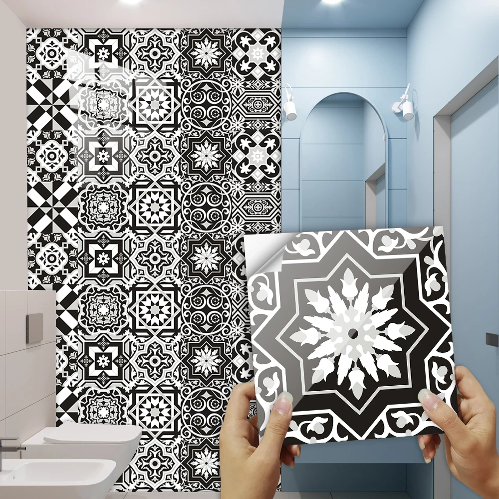 10pcs Black White Gray Tiles Wall Sticker Kitchen Backsplash Oil-proof Bathroom Cupboard Home Decor Peel & Stick Art Wall Decals