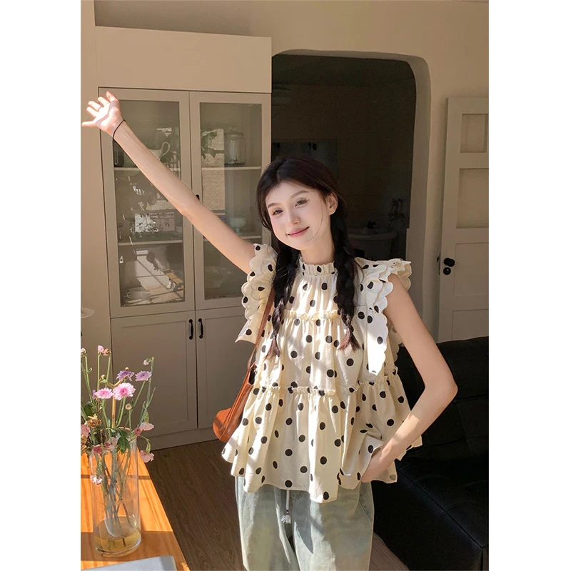 Sweet Cute Polka Dots Shirts Women Korean Ruffles Flying Sleeve Blouses Streetwear Fashion Print Stand Casual Tops Summer New