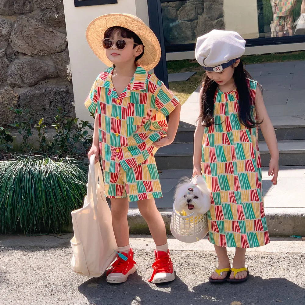 

Sibling Matching Outfits Kids Color Block Striped 2PCS Set Boy Short Sleeve Shirt + Shorts Girl Sleeveless Midi Dress Beach Wear
