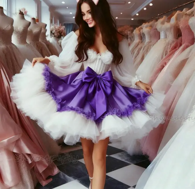 

Princess Short Prom Dress Long Sleeves White And Purple Red Green Ball Gown Lolita Party Dress Customized 2026 Homecoming Dress