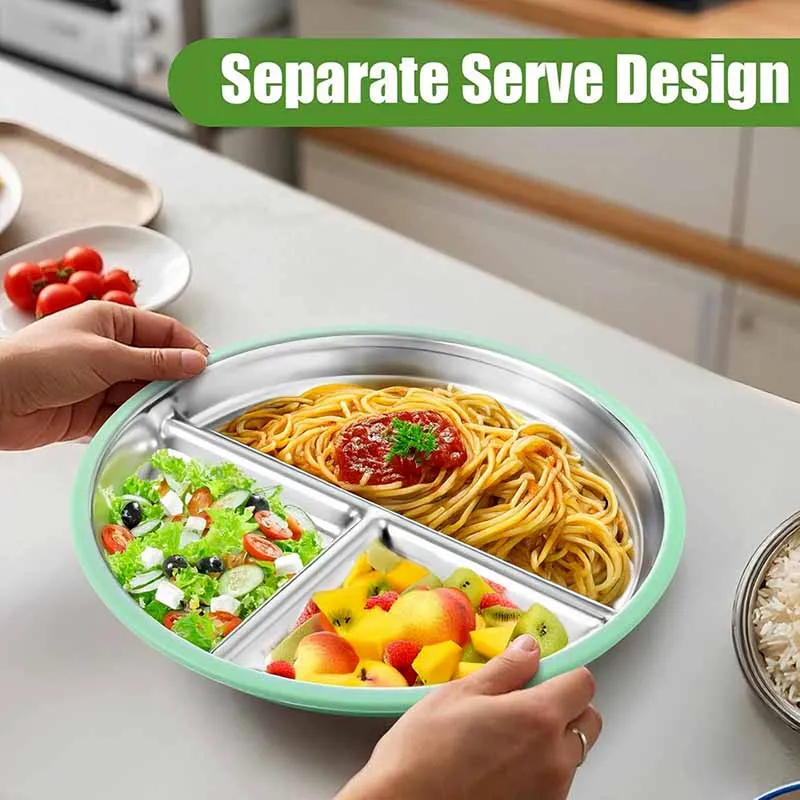 Placa de aço inoxidável com concha de silicone, pratos de alimentação para crianças, ventosa, tigela, pratos infantis, conjuntos de jantar, caixa de presente, 2 peças