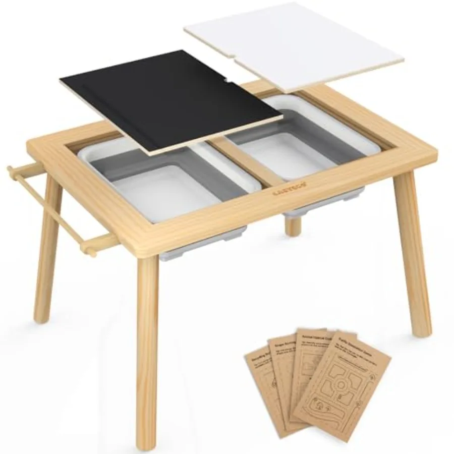 

Сенсорный стол Easyego для малышей, деревянный стол для песка и воды, двухсторонняя доска и складные контейнеры для хранения в помещении.