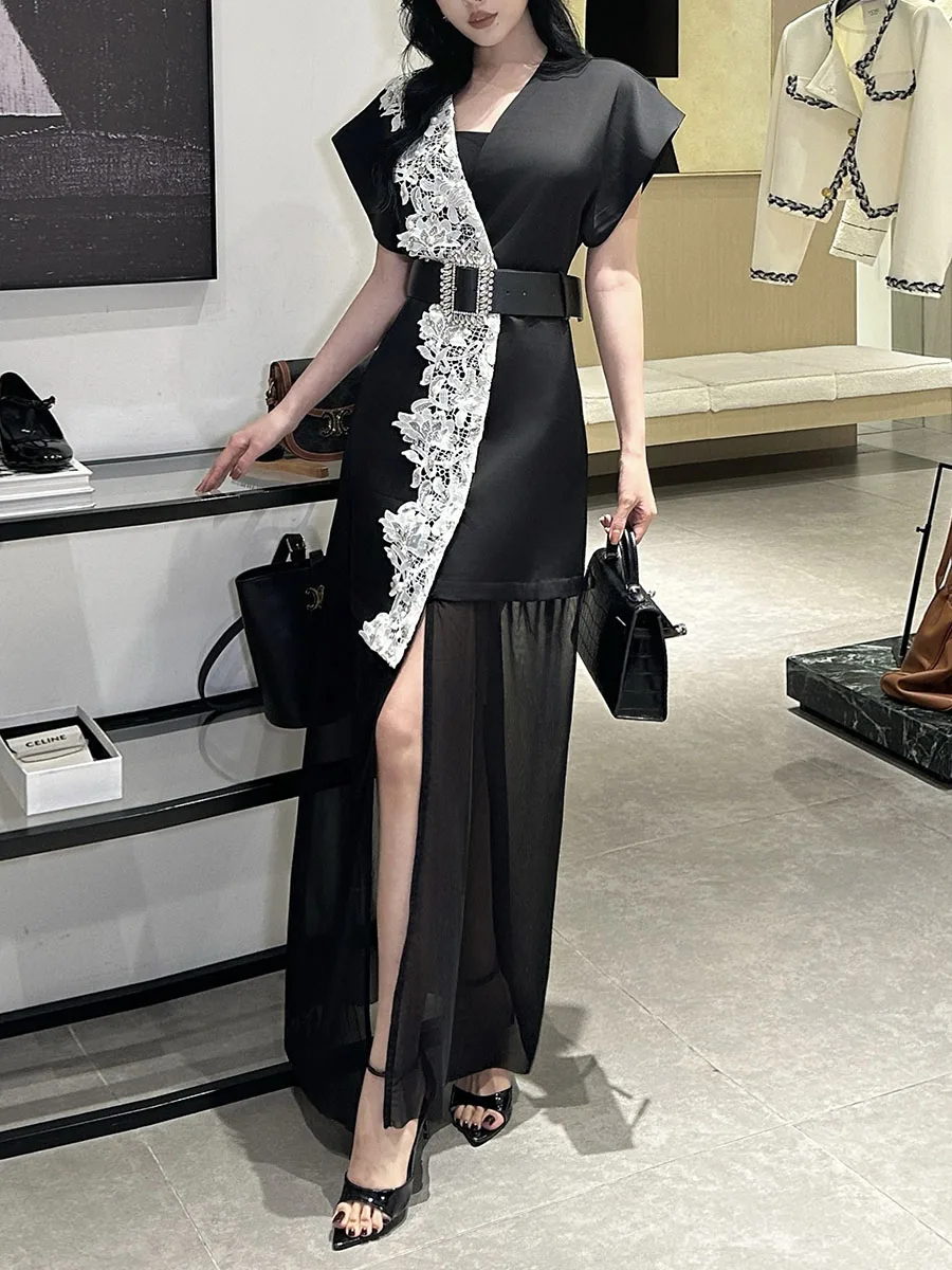 TWOTWINSTYLE ตีสี Slimming Spliced Lace Elegant ชุดผู้หญิง V คอแยก SHEER Patchwork ตาข่ายชุดหญิง